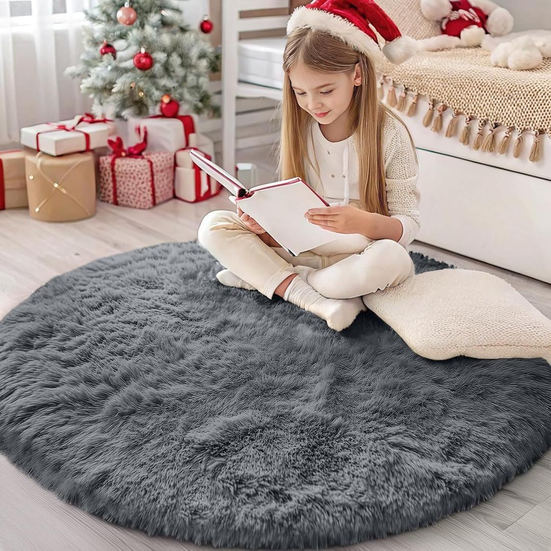 OLANLY Grey Round Rugs for Bedroom - Machine Washable, 4 ft Circle Area Rugs for Living Room, Soft and Fluffy Shaggy Carpet for Teen Girls and Boys, Nursery Rooms, Dorms, Home Decor Aesthetic