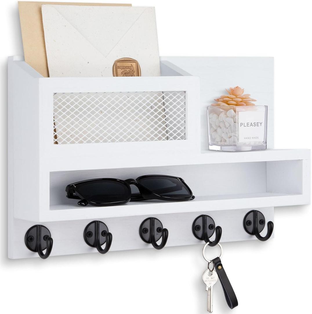 Key Holder for Wall, Mail Organizer Wall Mount with Storage Compartment and 5 key Hooks for Coat, Dog Leash, Stylish Mesh Mail Holder, Home Decor Entry Way Organizer (White)