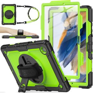 SEYMAC stock Case for Samsung Galaxy Tab A8 10.5'', Full-Body Drop Protection Case with Screen Protector Pencil Holder [360 Rotating Hand Strap] &Stand, Green+Black