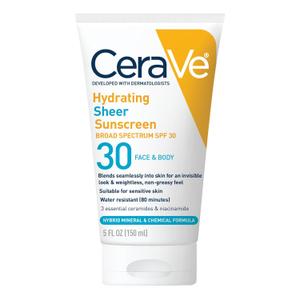 CeraVe Hydrating Sheer Sunscreen with SPF 30 for Face and Body, Mineral & Chemical Sunscreen for Men & Women with Zinc Oxide, Hyaluronic Acid and Ceramides, Paraben-Free + Fragrance-Free, 5 Ounces (5 Fl Oz (Pack of 1))