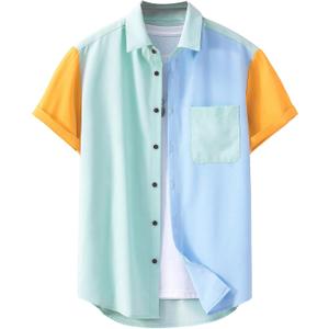 WDIRARA Men's Colorblock Button Down Short Sleeve Pocket Front Shirt Tops