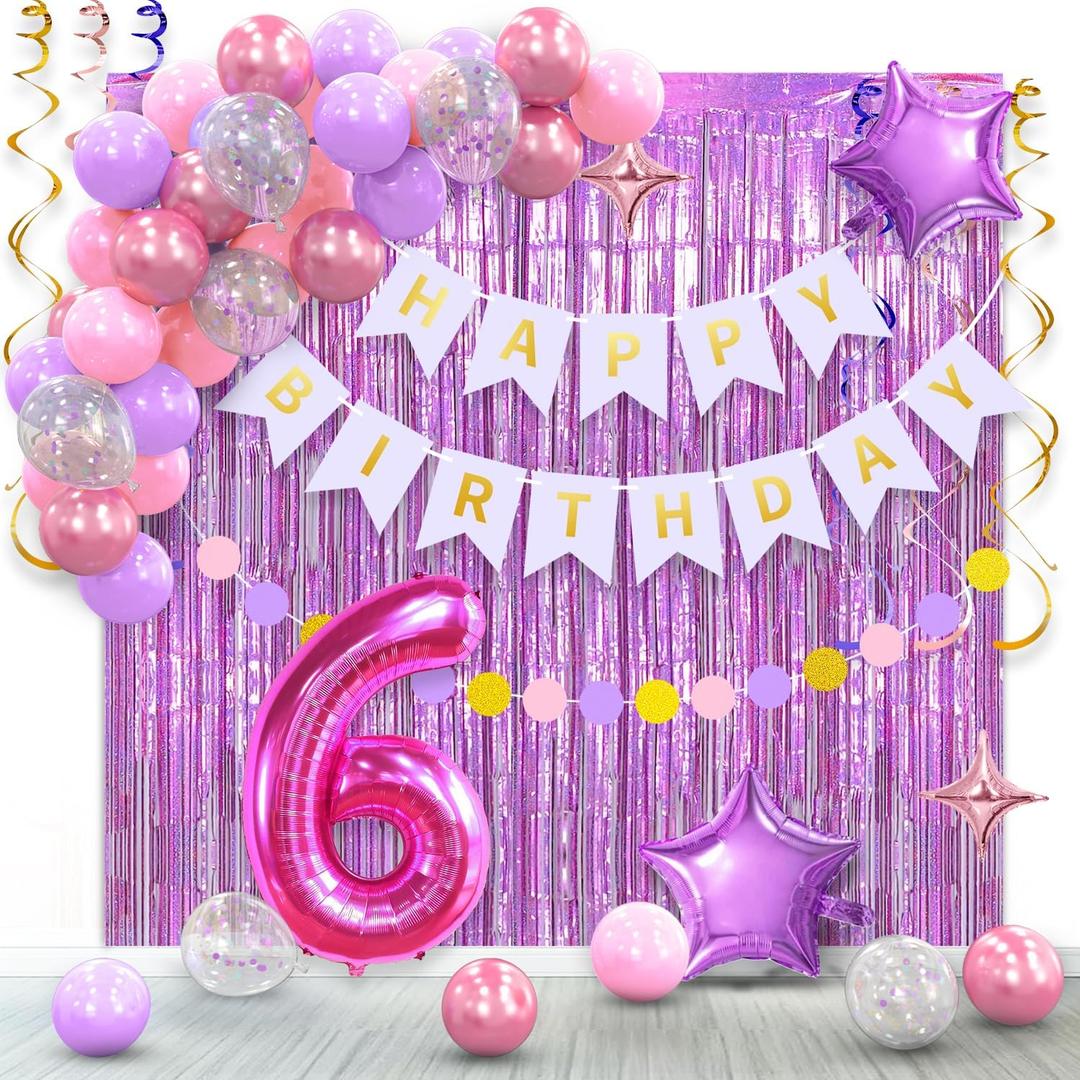 6th Birthday Decorations for Girls Pink Purple - 6 Year Old Six Happy Birthday Party Decor, Banner, Lavender Balloon Arch Kit Backdrops,Number 6 Balloons.