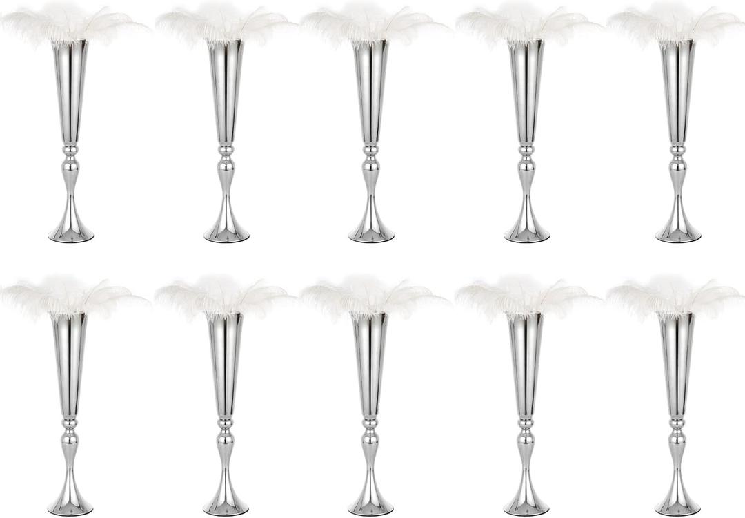 LoveCat 10pcs of Metal Trumpet Silver Vases for Table Centerpieces, Anniversary Celebration Wedding Party Dinner Table Centerpieces, Wedding Decorations, 21.9in/55.5cm Tall Minimalism Vases