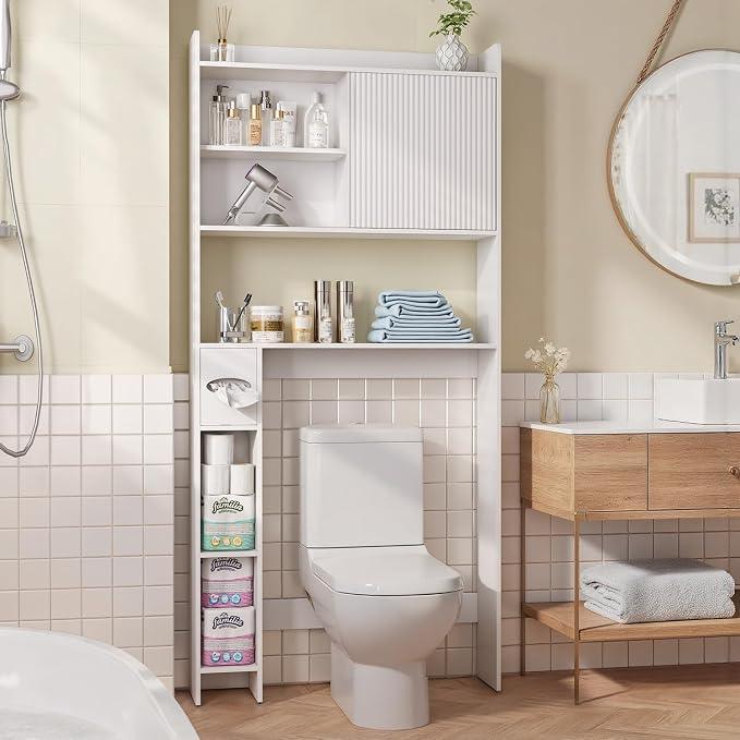 Over‑Toilet Wall Cabinet, White Engineered‑Wood Storage with Fluted Sliding Door & Adjustable Shelves, Modern Bathroom Organizer 7.5″ D × 31.5″ W × 66.9″ H