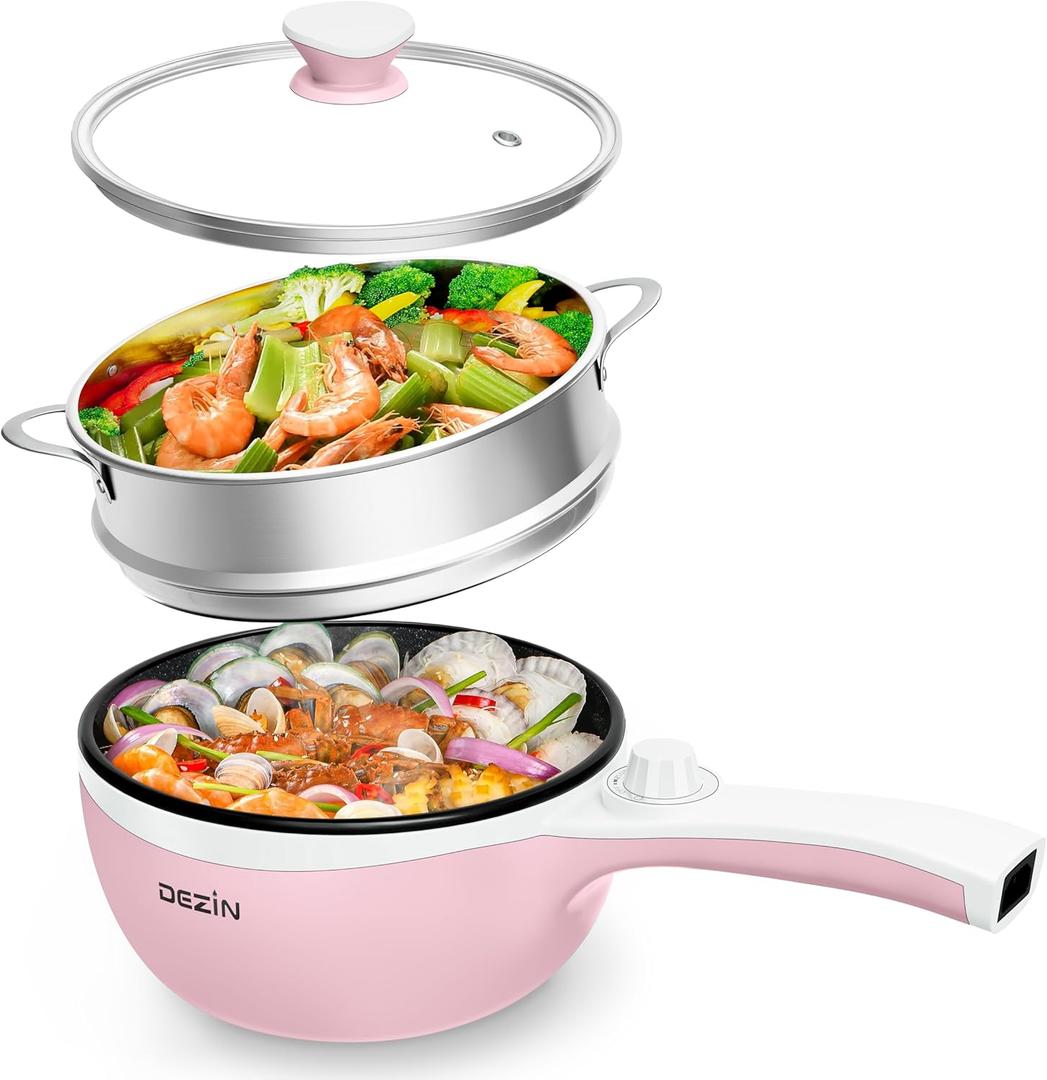 Dezin Hot Pot Electric with Steamer Upgraded, Non-Stick Saut Pan, Rapid Noodles Electric Pot, 1.5L Mini Pot for Steak, Egg, Fried Rice, Ramen, Oatmeal, Soup with Power Adjustment (Pink 2)