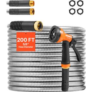 VEVOR Metal Garden Hose 200 ft, Heavy Duty Stainless Steel Water Hose with 10-Function Nozzle, No-Kink & Flexible Outdoor Garden Hose, Rust-Proof Lightweight Hose for Yard, RV, Car Wash