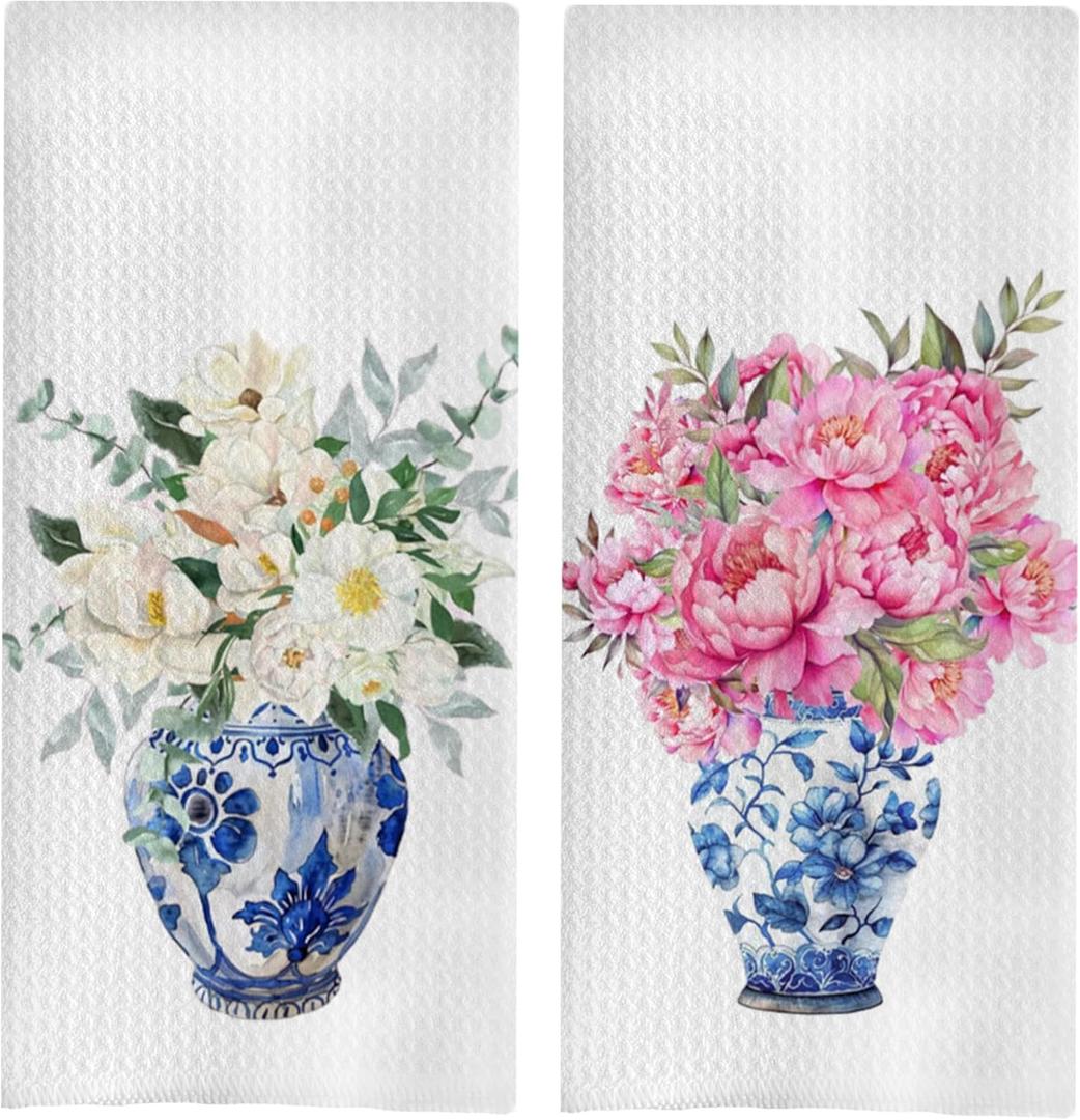 Chinoiserie Kitchen Towels Set - Floral Blue and White Chinoiserie Dish Towel, Floral Blue and White Hand Tea Towels for Bathroom Kitchen, 16x24 Inch Set of 2