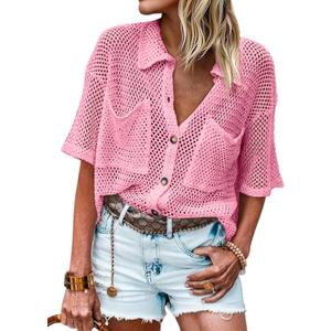 Fisoew Womens Crochet Lightweight Cardigan Sweaters Short Sleeve Summer Button Down Collared Loose Cover Up Shirts (Pink, M)