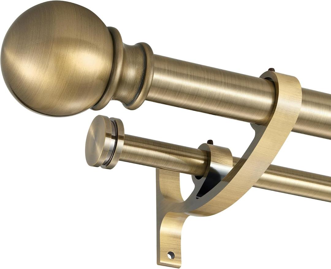 Double Curtain Rods with Aluminum Bouquet Brackets and Round Finials,Antique Bronze Curtain Rods for Windows 72 to 144 inch,1-inches Front and 5/8 Inches Back Double Window Drapery Rod