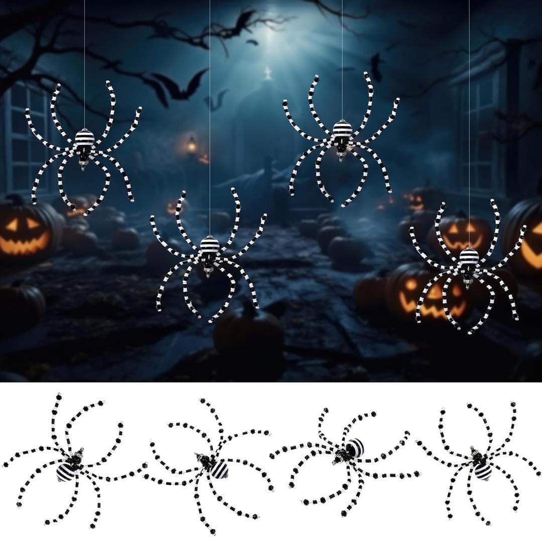 8 Pcs Black and White Halloween Spider Ornament Beaded Hanging Ornaments Decorations for Halloween Decor Gift