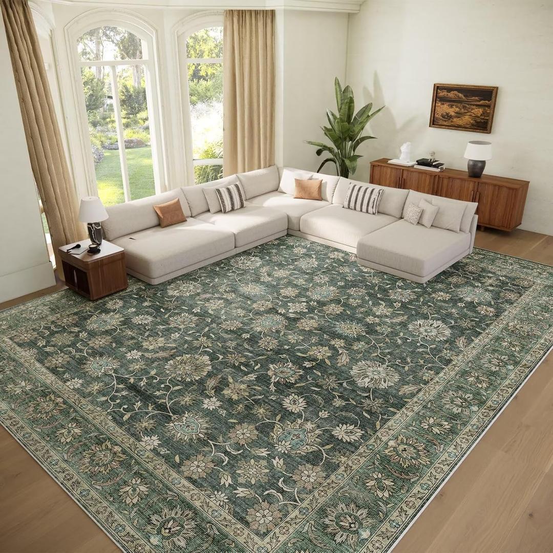 Washable 9x12 Area Rugs for Living Room, Boho Non-Slip Vintage Distress Lager Rugs for Bedroom Dining Room Nursery Office, 0.3" Neutral Oriental Throw Thin Carpet, Sage Green/Multi, E1