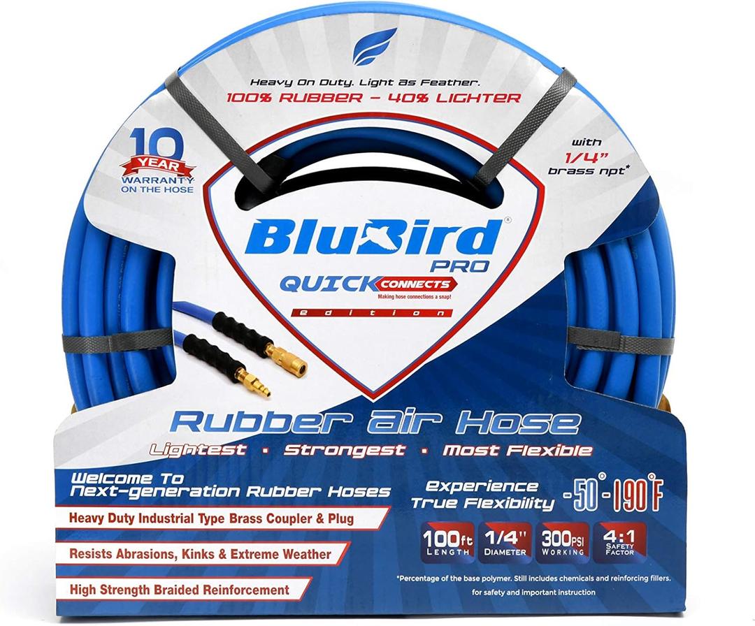 BluBird BB14100QC Lightest Strongest Flexible Rubber Air Hose 1/4" X 100' with I/M Quick Connect Coupler Plug  300 PSI  Cold Weather UV Oil Resistant  Brass Ends