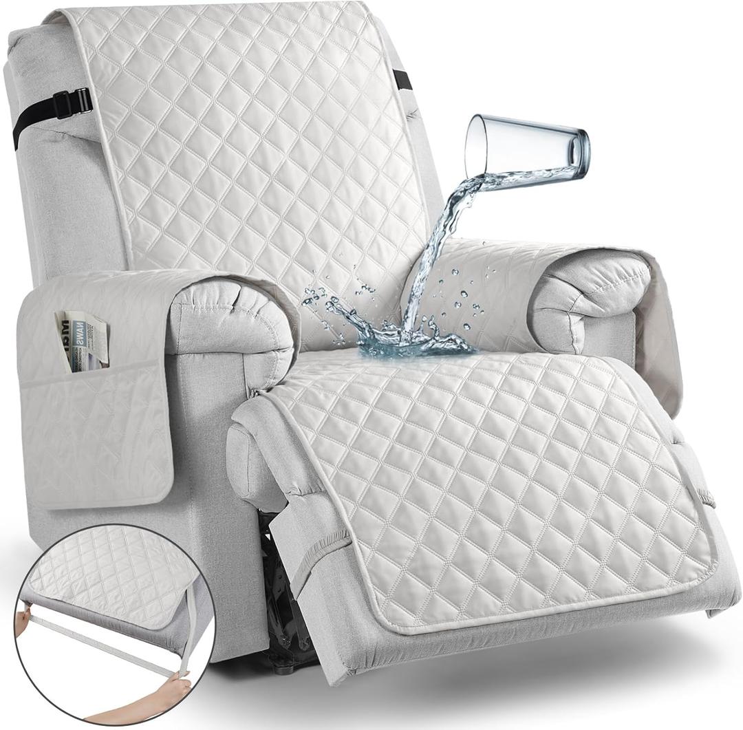 TAOCOCO Waterproof Recliner Chair Covers with Leg Strap 1 Piece Recliner Covers for Recliner Chair for Pets Kids, Washable Reclining Chair Cover Furniture Protector with Straps (23'' Small, Ivory)