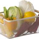 Basicwise Multipurpose Metal Mesh Basket w/Wooden Handle Storage Organizer for Kitchen Pantry Bathroom Cabinet Closet Countertop Fruit Holder Picnic Food and Beverages Carrier and Home Decor, Medium