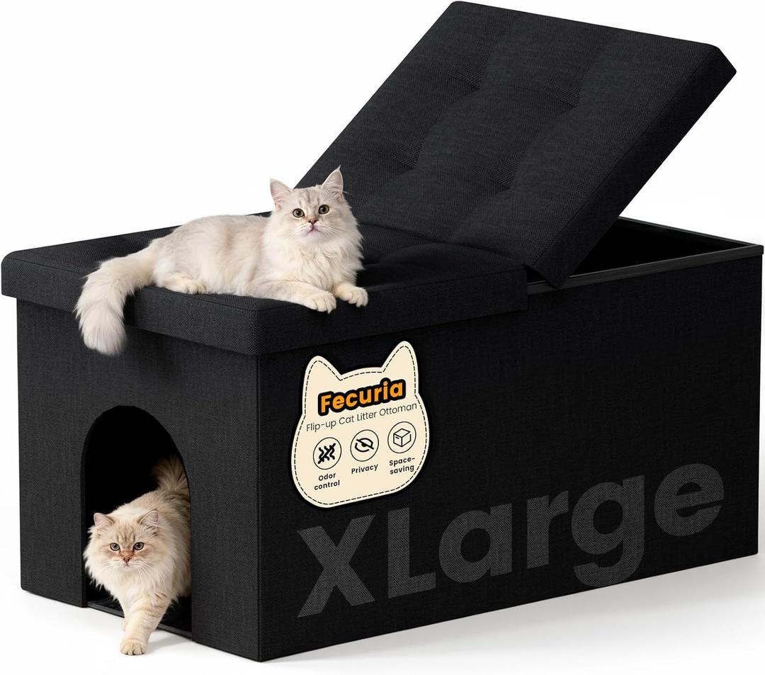 3-in-1 Cat Litter Box Enclosure with Odor Control, Multi-Functional Hidden Litter Box Furniture Bench, Dog Proof, Space-Saving Ottoman Cabinet with Flip-Up Lid, Extra Large, Black