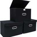 STOREONE Fabric Storage Cube Bins Foldable Organizer Container Collapsible Basket with Lids and Metal Handles, for Home, Bedroom, Closet (Black, 3 Pcs)