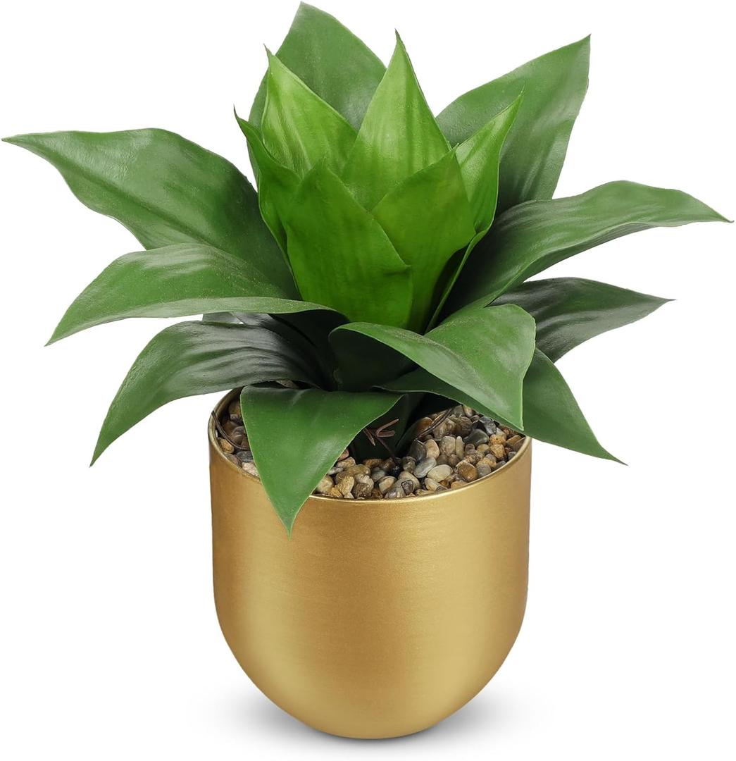 Briful Agave Artificial Wide Leaf Plant in Gold Pot 10.2 Tall Faux Greenery with Lush Plastic Leaves & Pebble Base, Fake Plant Decor for Indoor Tabletop, Office Desk, Bathroom Shelf