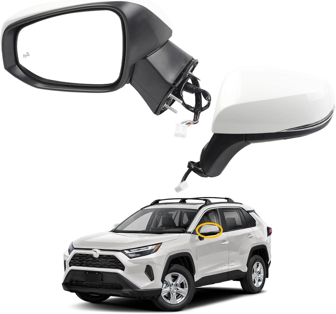 Dasbecan Left Driver Side Mirror Compatible with 2019-2024 Toyota Rav4 Side View Super White w/Power Heated Mirror Turn Signal Blind Spot Indicator Replaces# 879400R271 TO1320384 8Pins