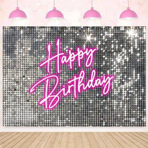 InMemory Silver Sequins Pink Neon Birthday Backdrop Glitter Stars Halos Women Birthday Reception Portrait Photography Background Photoshoot Props Cake Table Banner 7x5ft