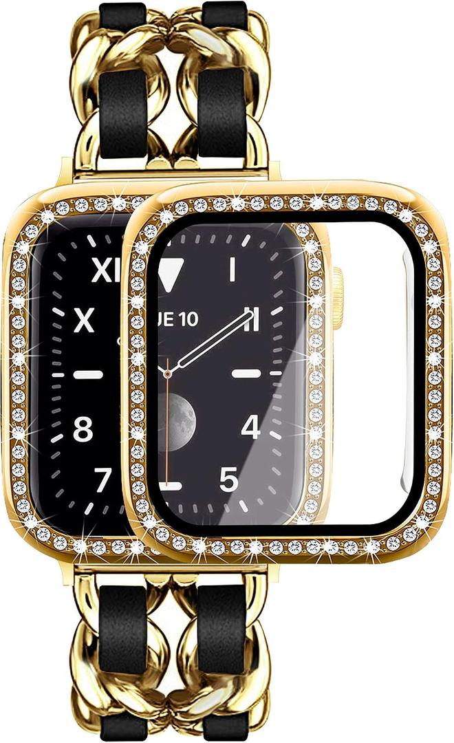 Mosonio Compatible for Apple Watch Band 40mm with Screen Protectors Case Women, Jewelry Bracelet Metal Bands with 2-Pack Bling Case Cover for 40mm iWatch Series SE 6 5 4(Gold Link with Black Leather)