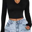 LovelyWholesale Long Sleeve Crop Tops for Women Sexy V Neck Cropped T Shirts Black Large (Black, L)