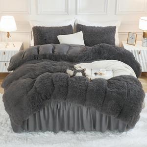 Andency Faux Fur Dark Grey Comforter Full Size, 3 Pieces Fluffy Fuzzy Plush Gray Bedding Comforter Set (1 Shaggy Velvet Comforter & 2 Pillowcases), Soft Puffy Comfy Bedding Set