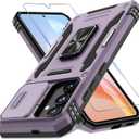 DEERLAMN Case for Samsung Galaxy S25 6.2-Inch with Slide Camera Cover+Screen Protector (1 Pack), Rotated Ring Kickstand Military Grade Shockproof Protective Cover-Deep Purple