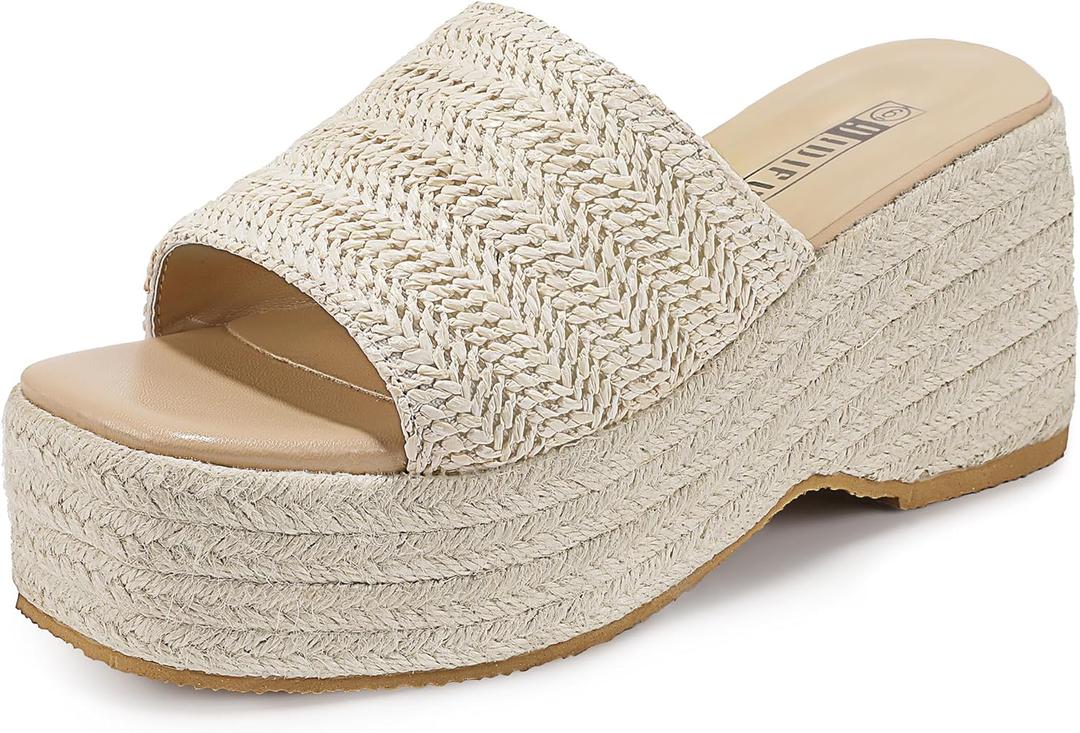 IDIFU IN3 Platform Espadrille Wedge Sandals for Women Square Open Toe Slip On Wedge Shoes Dressy Low Chunky Heeled Sandal Comfortable Casual Trendy Summer Beach Walking Vacation Slide Women Sandals (8.5, Apricot)