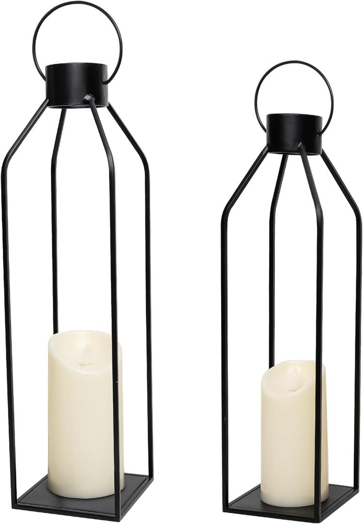HPC Decor 22'' 19'' Lanterns Decorative w/ Flickering Timer Candles- Large Tall Black Metal Candle Lanterns Set of 2- Modern Farmhouse Decor for Indoor,Outdoor,Tabletop,Porch (No Glass)