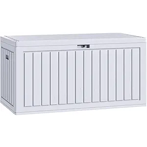 90 Gallon Lockable Resin Deck Box with Wheels, Waterproof & UV-Resistant Outdoor Storage Box for Outdoor Cushion Storage, Garden Tools & Pool Accessories Storage, White Size 129x7.5x77 CM