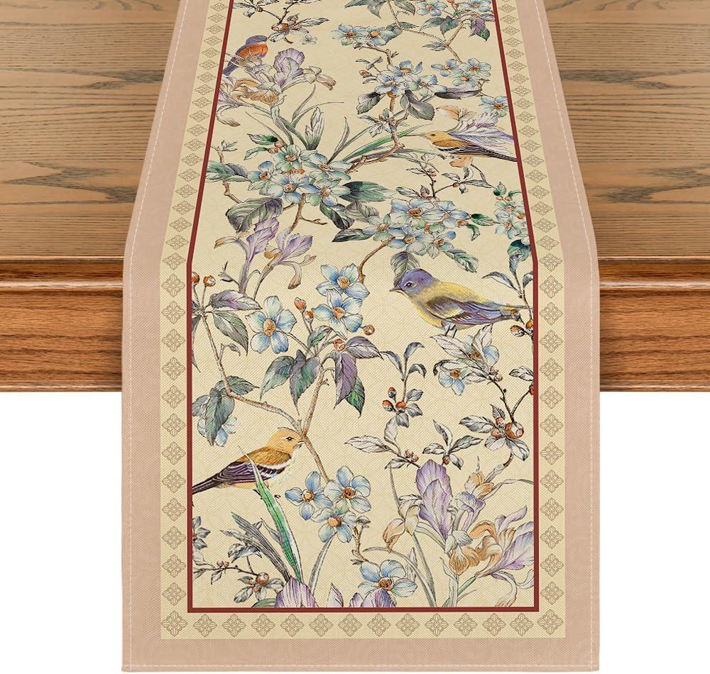 Artoid Mode Beige Birds Floral Blossom Table Runner, Seasonal Flowers Spring Kitchen Dining Table Decoration for Home Party Decor 13x72 Inch