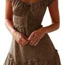 YOBECHO Womens Summer Ruffle Sleeve Sweetheart Neckline Printing Dress Mini Dresses (Medium, Khaki)