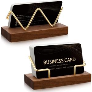Amyhill 2 Pieces Wood Business Card Holder for Desk Wooden Business Card Display Stand Postcard Holder for Office Home Desktop (Wood Color, Gold)