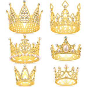 Gold Crown Cake Topper, 6 Pieces Happy Birthday Cake Toppers, Princess Crown Cake Decorations, Mini Crowns for Flower Arrangements, Birthday, Wedding, Party Decor (Gold-, 6)