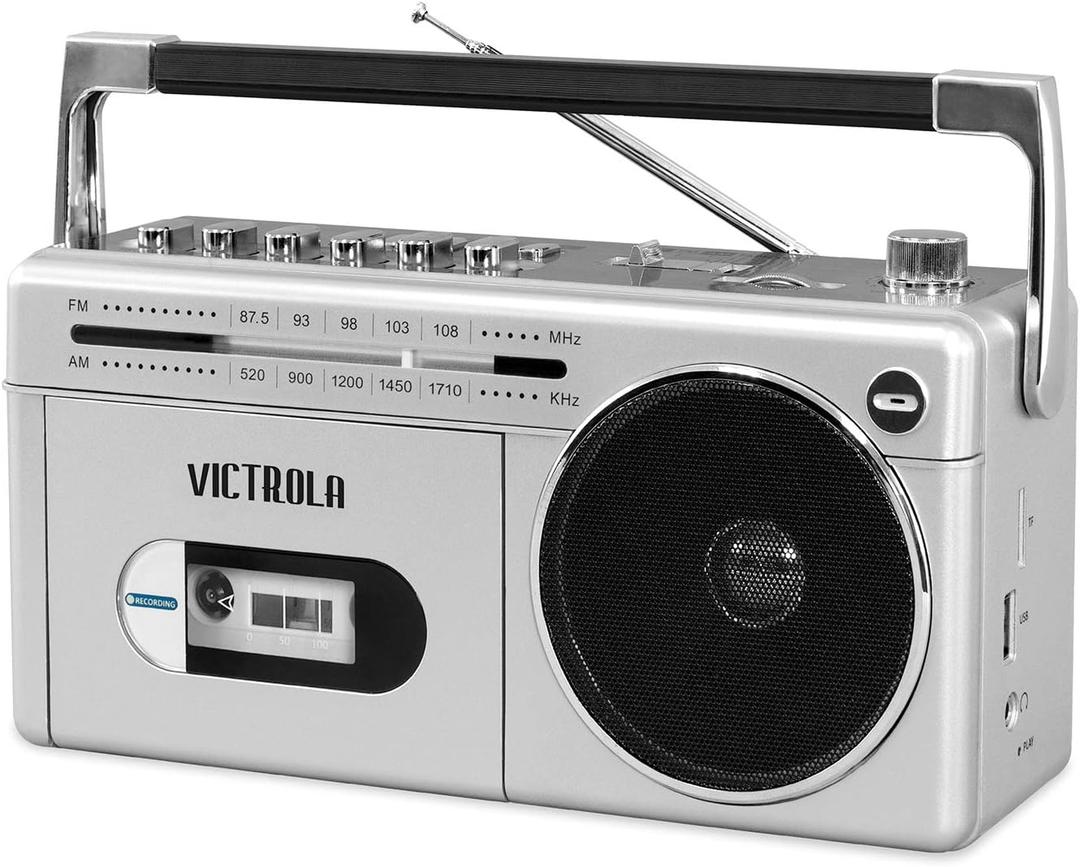 Victrola VBB-25-SLV Mini Bluetooth Boombox with Cassette Player, Recorder and Am/FM Radio, Silver