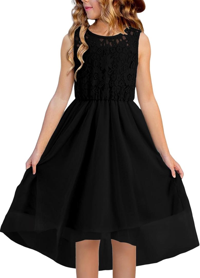 blibean Tween Girls Spring Dresses Big Kids Flower Girl Dress Sleeveless Formal Lace Tulle High Low Wedding Guest Vestidos para Niñas Size 8-9 Black