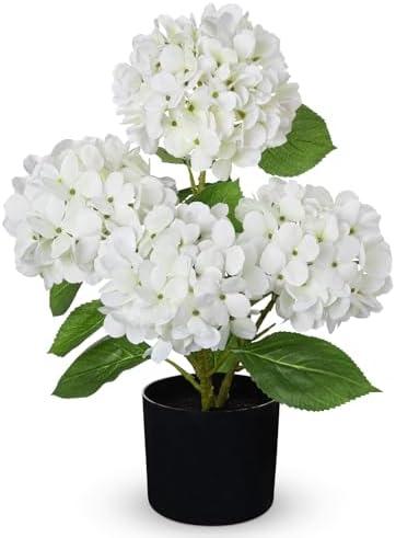 Hollyone White Hydrangea Artificial Flowers in Pots 19.7" Four-Head Faux Silk Hydranges Flower Arrangements for Indoor Home Office Kitchen Table Centerpieces Wedding Decorations