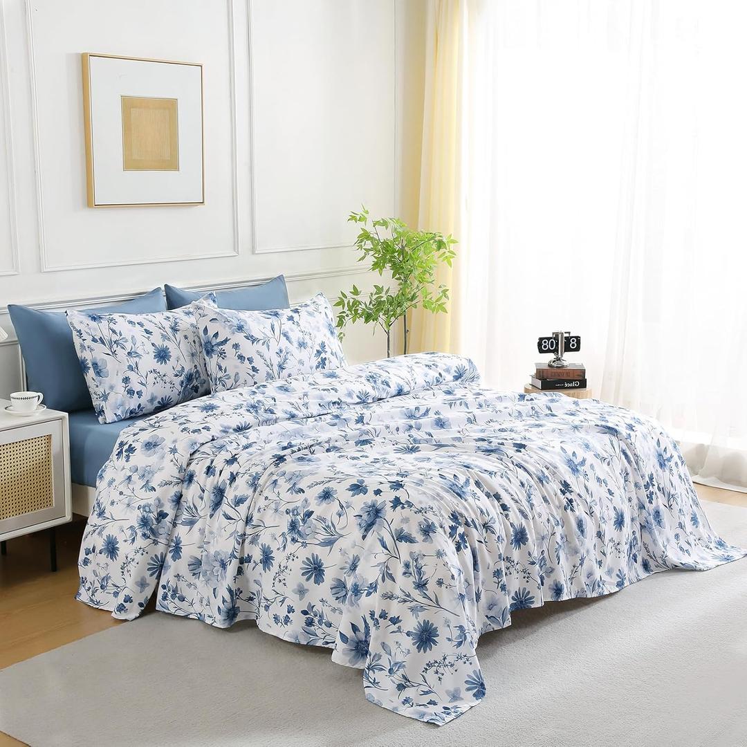 Botanical 6-Piece King Size Sheets Set, Boho Floral Print Brushed Microfiber Sheets, Cooling Bed Sheet Set, Ultra Soft & Breathable, 16' Deep Pocket Fitted Sheet & Pillowcase Set, Grey Blue Floral