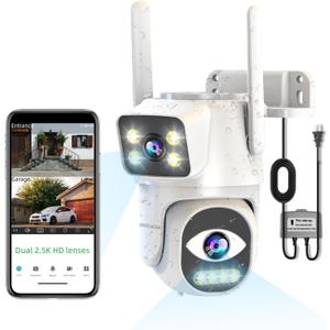 Security Cameras Outdoor Wireless,Dual Lens WiFi Cameras for Home Security, Auto Tracking Light Alarm & Color Night Vision,Two-Way Audio, Plug-in Cable,Water Proof for Outdoor