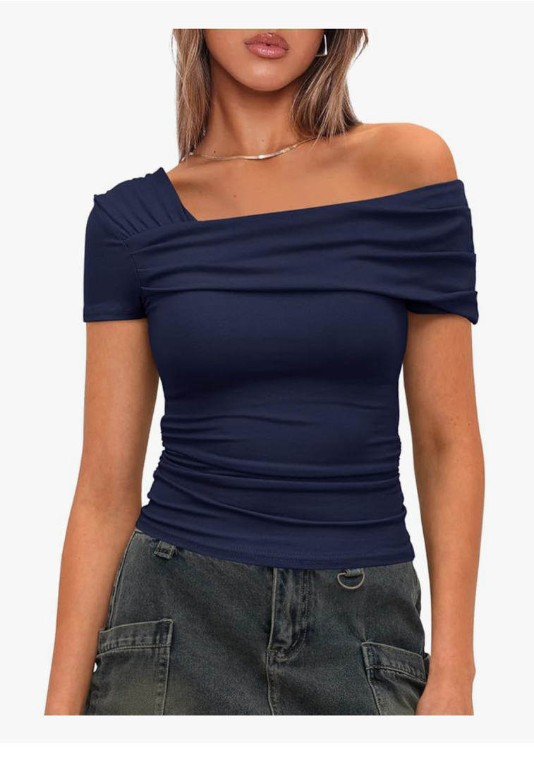 Darong Women's Summer Short Sleeve One Off The Shoulder Top Ruched Going Out Tops Slim Fit Y2K Shirt, L