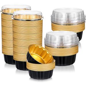 100 Pcs 8 oz Disposable Ramekins with Lids Creme Brulee Ramekins Aluminum Foil Baking Cups for Cupcakes, Cheesecake, Catering, Wedding, Party (Black, Gold)