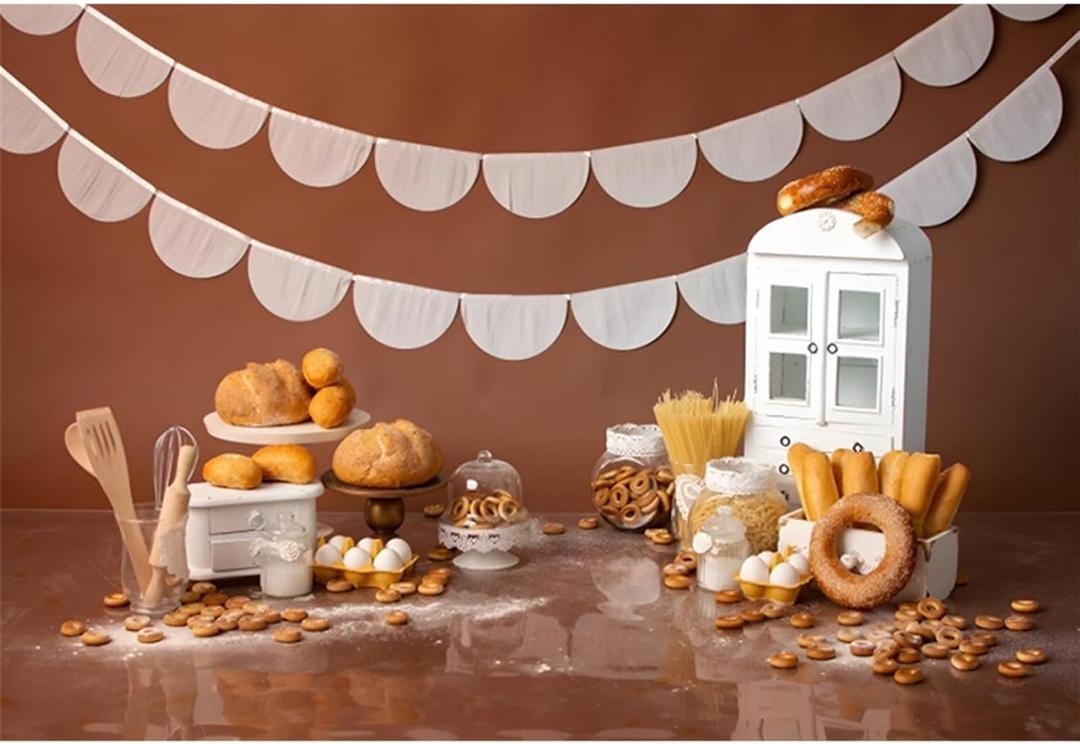 YongFoto Bakery Baking Table Backdrop 6x4ft Bread Donut Biscuit White Cabinet Photography Background Boy Girl Cake Smash Birthday Baby Shower Party Banner Portrait Photoshoot Wallpaper Studio Props