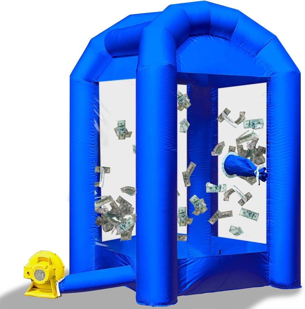 Inflatable Cash Cube Booth with Blower 8.2x5.2 x 5.2 ft Inflatable Money Grab Machine for Business Advertising Event Promotion(Blue)