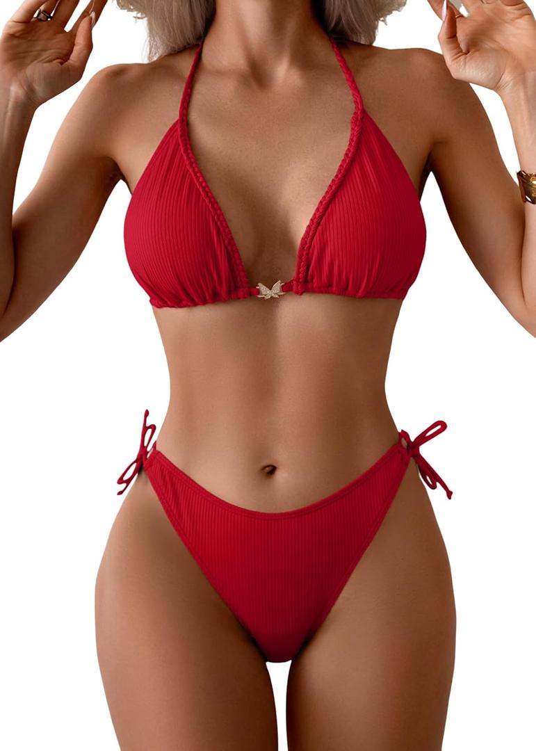 Eomenie Womens Ribbed Bikini Set Sexy Halter Triangle Top Swimsuit Tie Side Two Piece Bathing Suit Moderate Coverage (Red, XL)