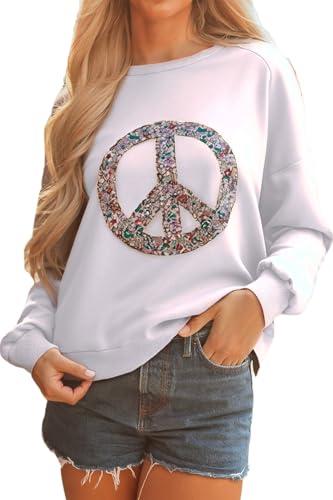 KevaMolly Womens Floral Peace Symbol Drop Shoulder Sweatshirt Oversize Crewneck Casual Pullover (Runs Large, Size Down) 1 White-S
