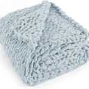Chunky Knit Throw Blanket 60"X 80", 100% Handmade with Soft Chenille Yarn, 6.7lbs Thick Cable Knitted Blankets, Large Rope Knot Crochet Throws for Couch Sofa Bed Home Decor, Baby Blue