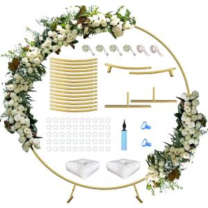 Queension Large Wedding Arch for Ceremony 7 Ft, Metal Balloon Arches Backdrop Stand with Metal Base for Party Supplies, Outdoor Garden Trellis with Water Bag for Climbing Plant, Round Frame, Gold