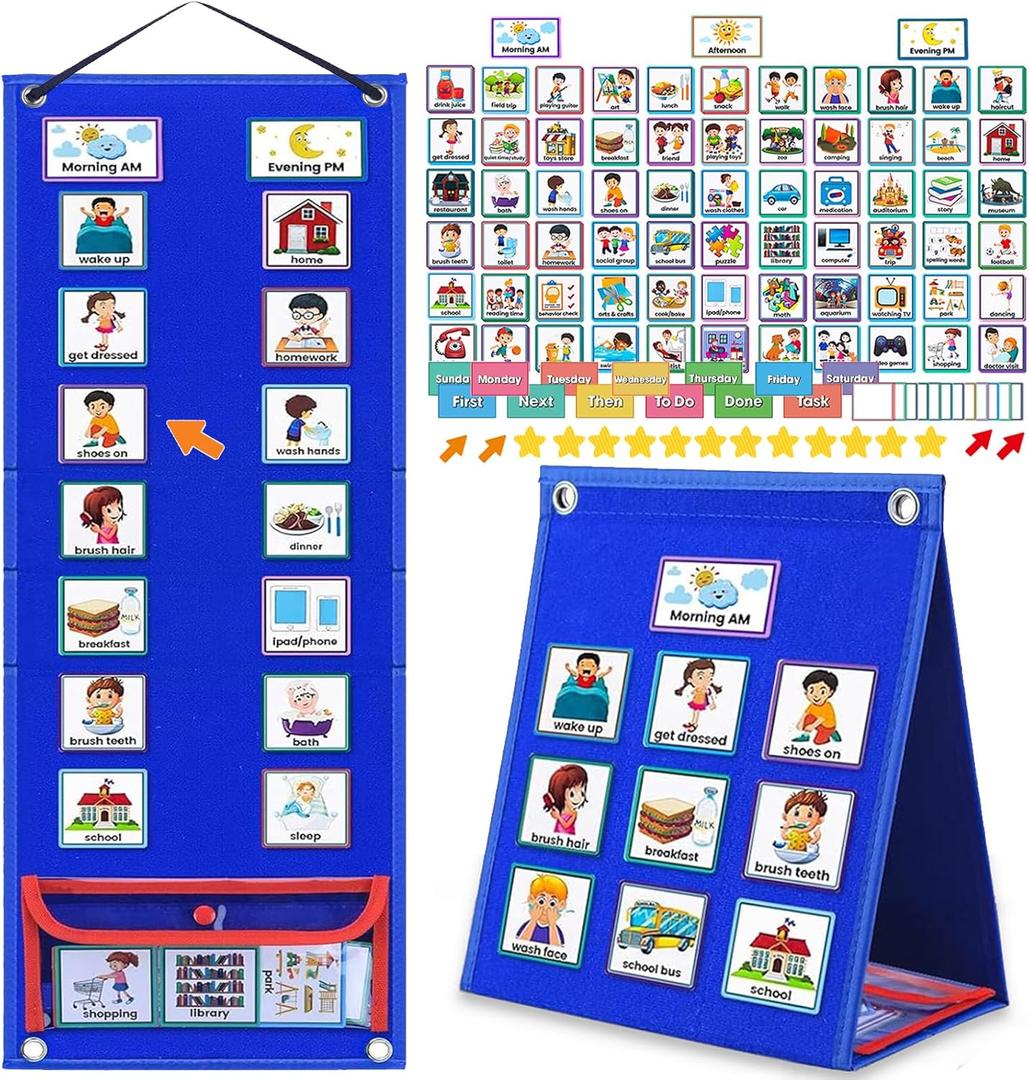 Visual Schedule for Kids with Autism Chore Chart for Toddler Planning Board Daily Routine Chart Autism Learning Materials Classroom, Home Use with 124 Cards (Blue)