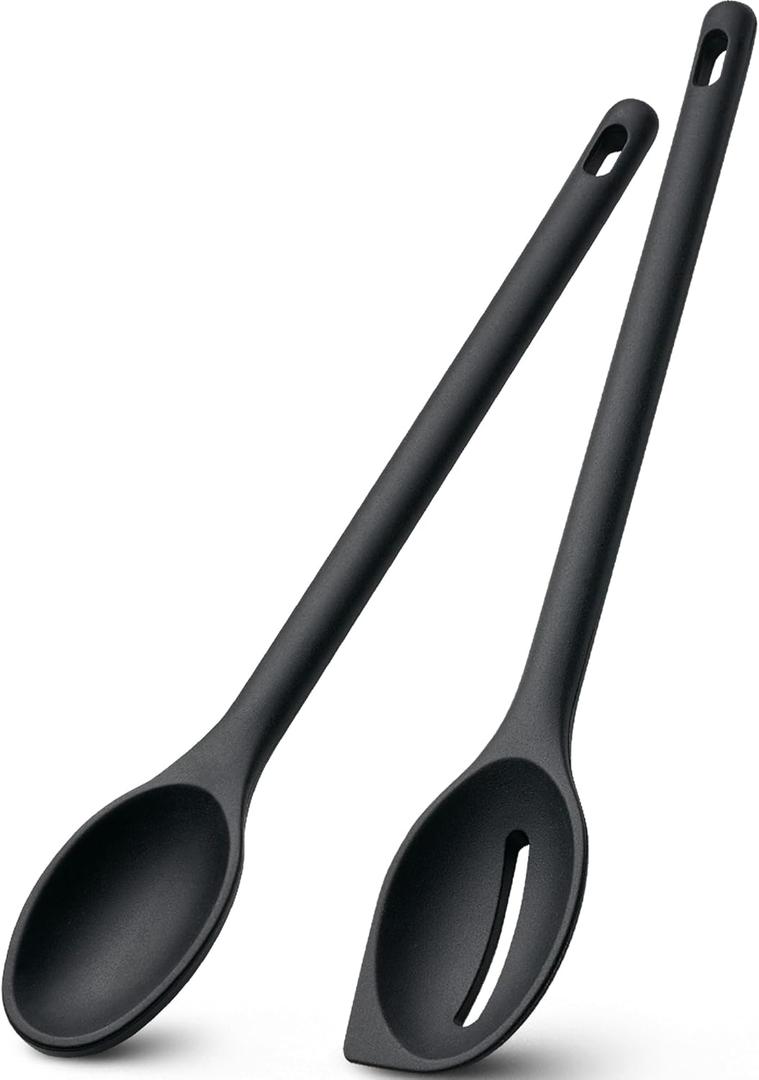 Silicone Spoons for Cooking, 600F Heat Resistant Cooking Spoon with Solid & Slotted Spoon for Mixing, Serving, Stirring, Scraping, BPA Free Silicone Kitchen Utensil Set, Dishwasher Safe (2Pcs, Black)