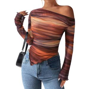 PRETTYGARDEN Womens Fall Trendy Off Shoulder Y2k Tops 2025 Tie Dye Mesh Long Sleeve Shirts Asymmetrical Ruched Floral Blouse (Floral Brown, X-Large)